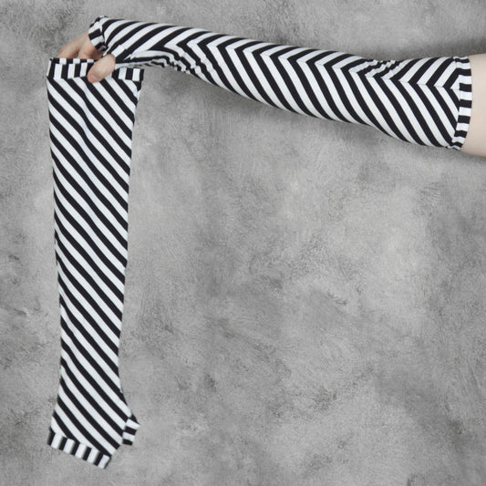 black and white striped arm warmers from secret lentil