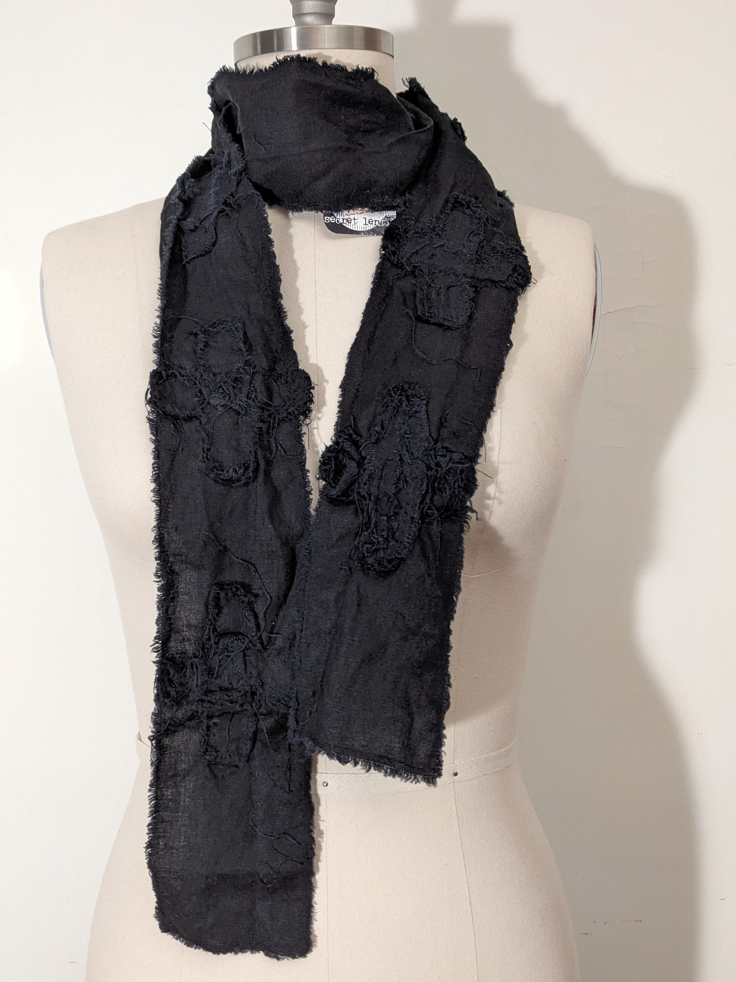 secret lentil scrappy black linen artifacted scarf: long, thin