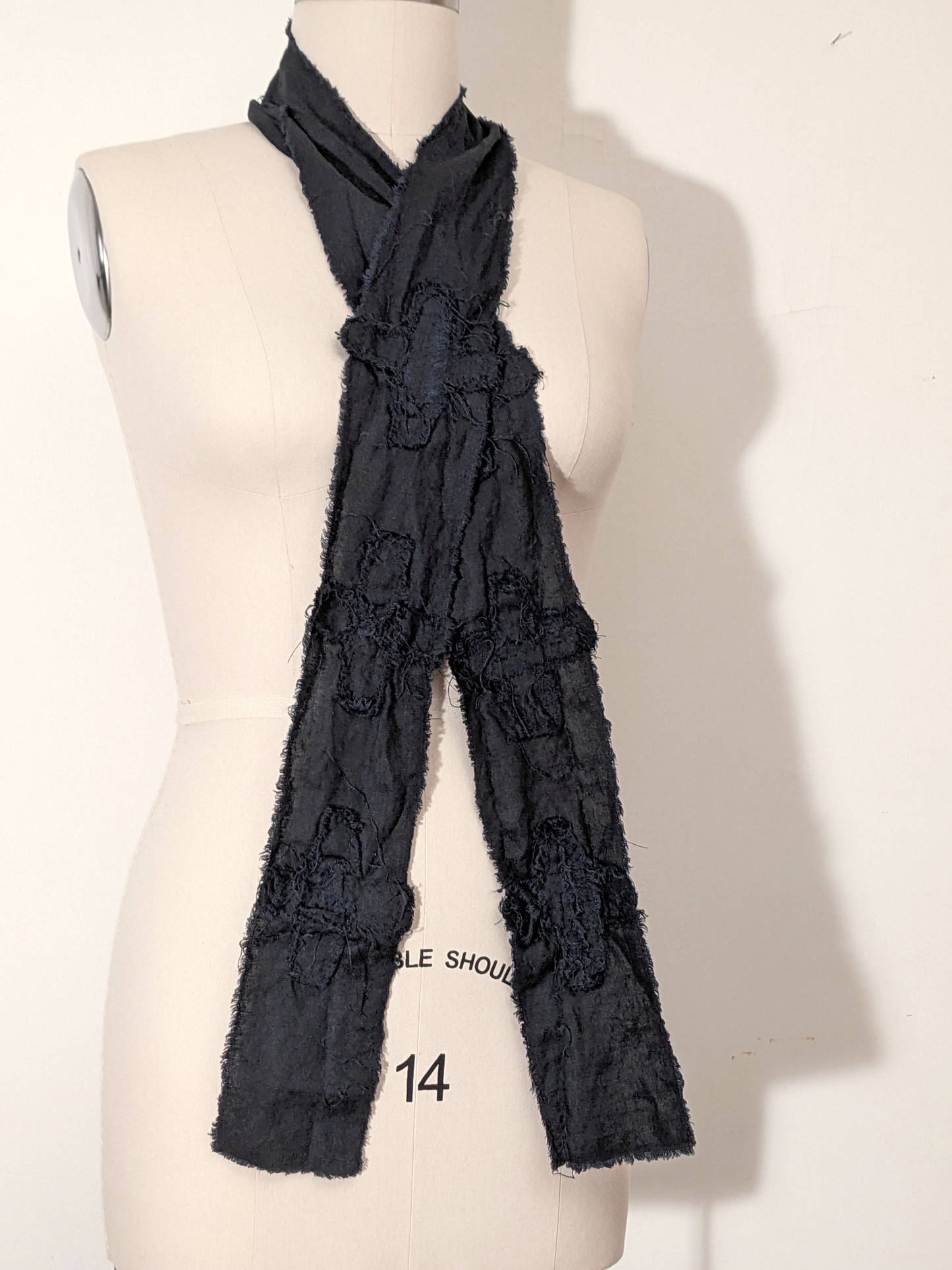 secret lentil scrappy black linen artifacted scarf: long, thin