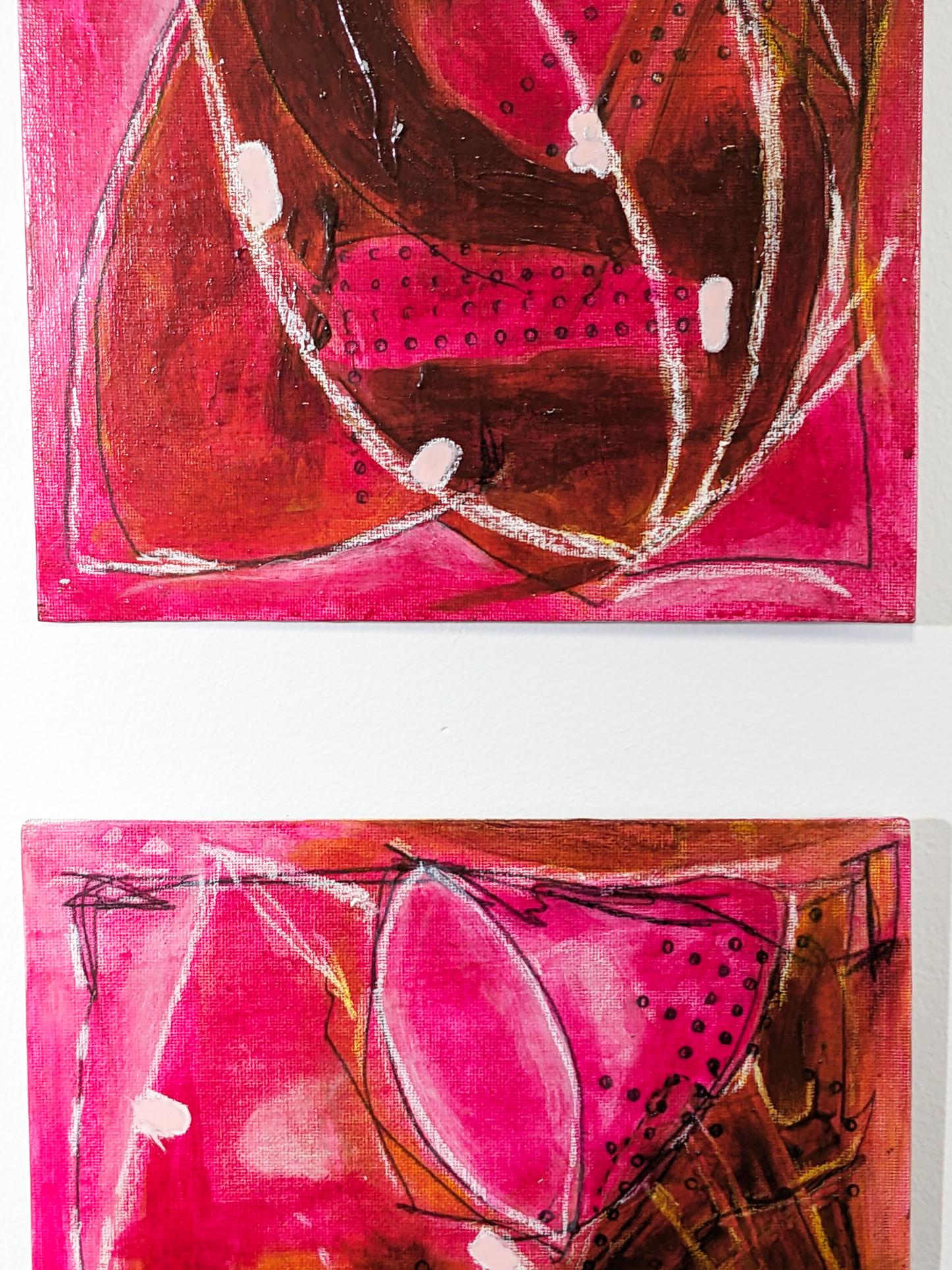 Two abstract artworks with pink and brown colors on a white background by helen carter / secret lentil