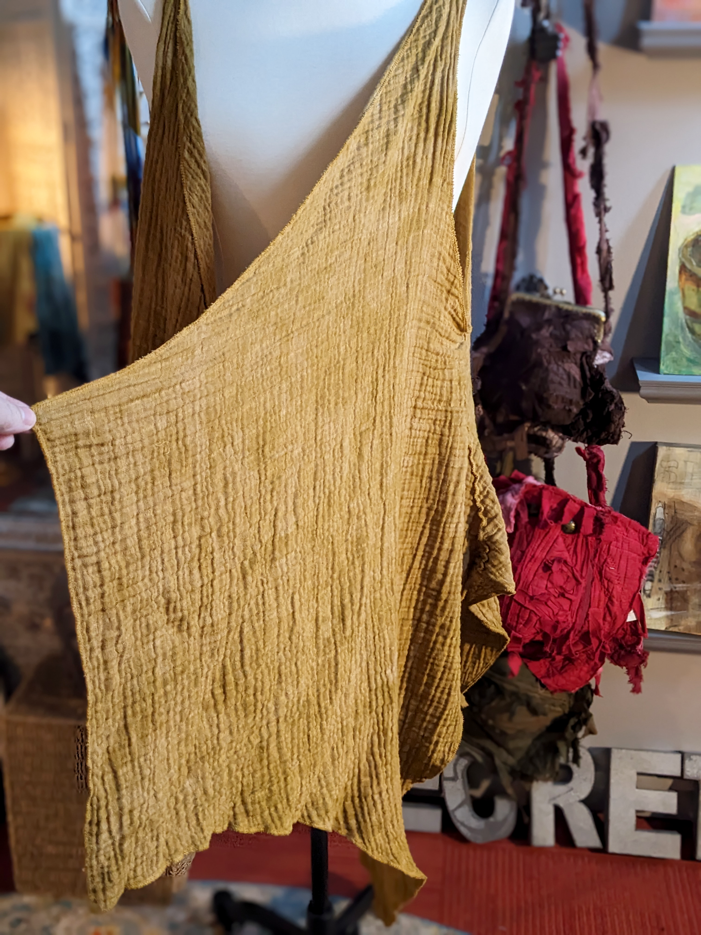 Ochre double gauze plus size pointy hemmed vest hand dyed