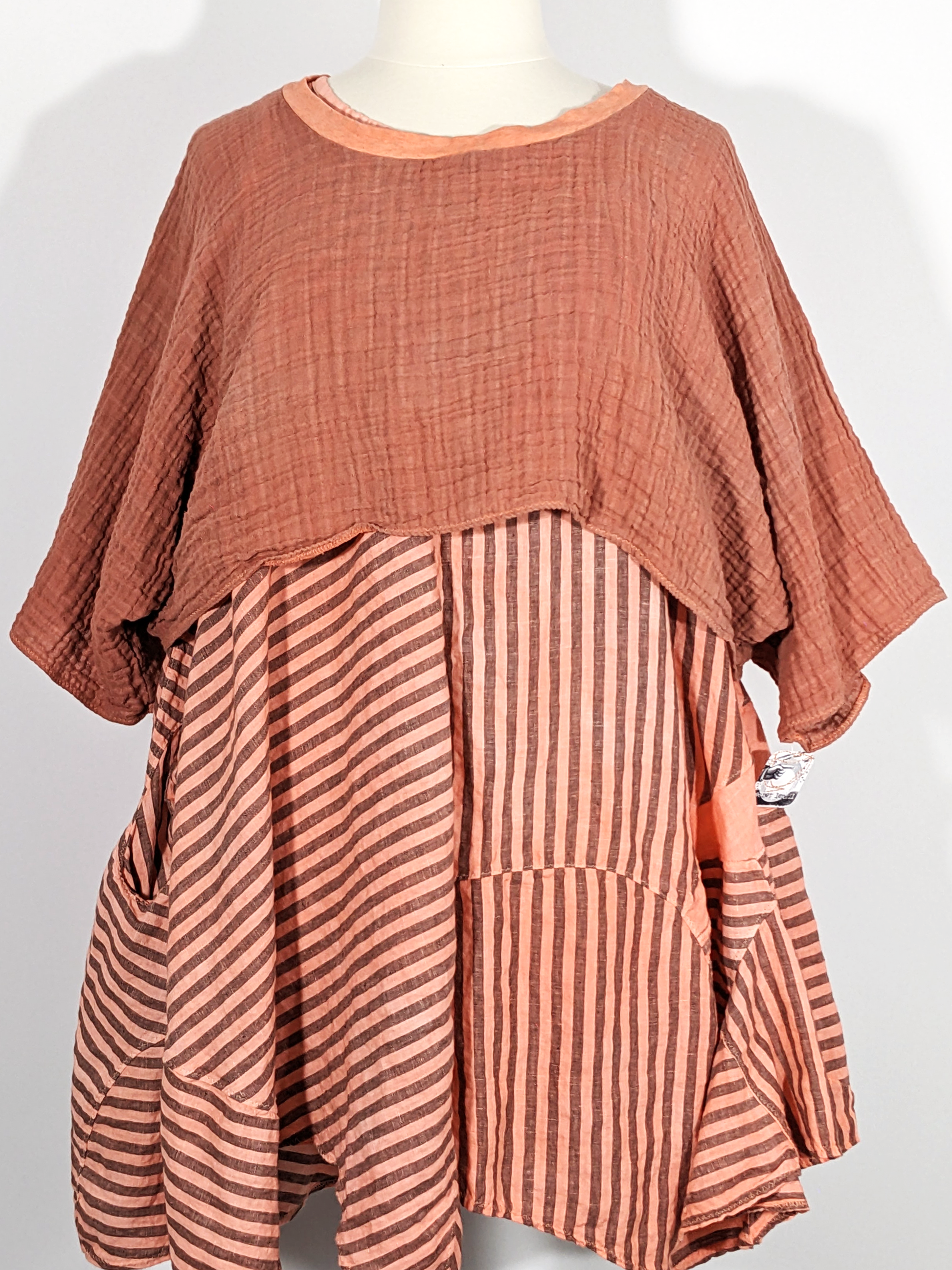 Secret Lentil Salmon Supercomfort Shrug in double-gauze over striped slipdress