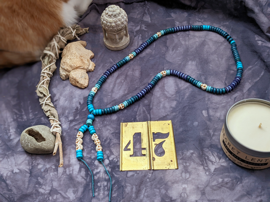 secret lentil soothsayer beads necklace in aqua, purple, lavender, teal and SKULLS
