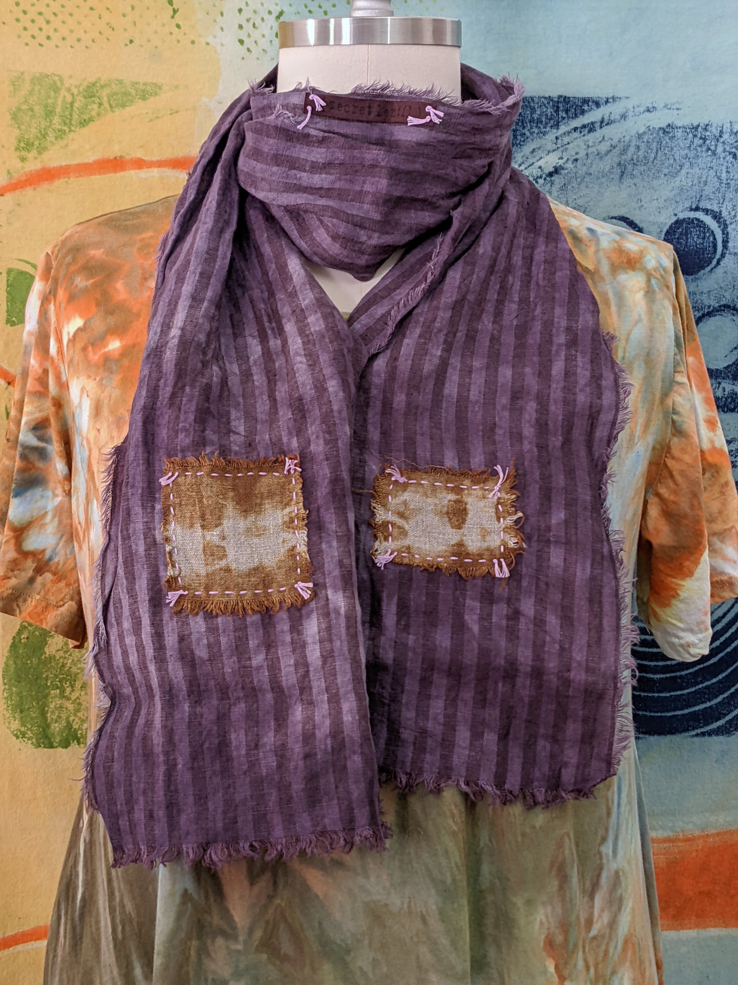 purple + brown hand-dyed striped linen scarf with hand-stitched patches