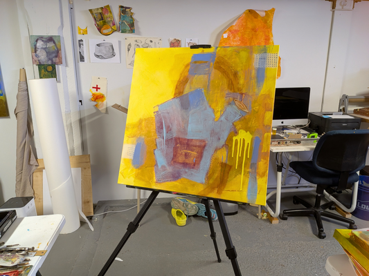 helen carter abstract painting in progress on easel in my studio, may 2026