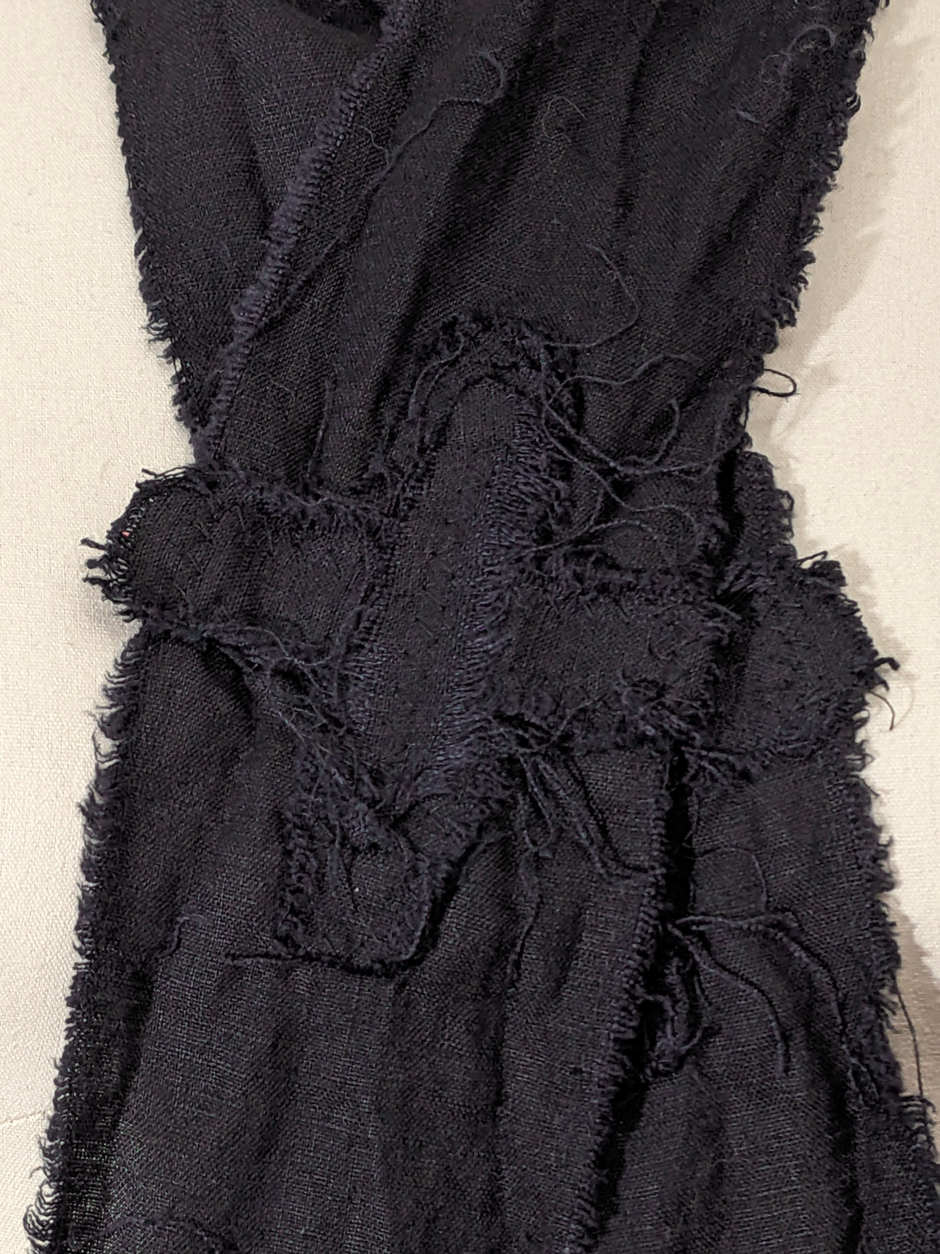 secret lentil scrappy black linen artifacted scarf: long, thin