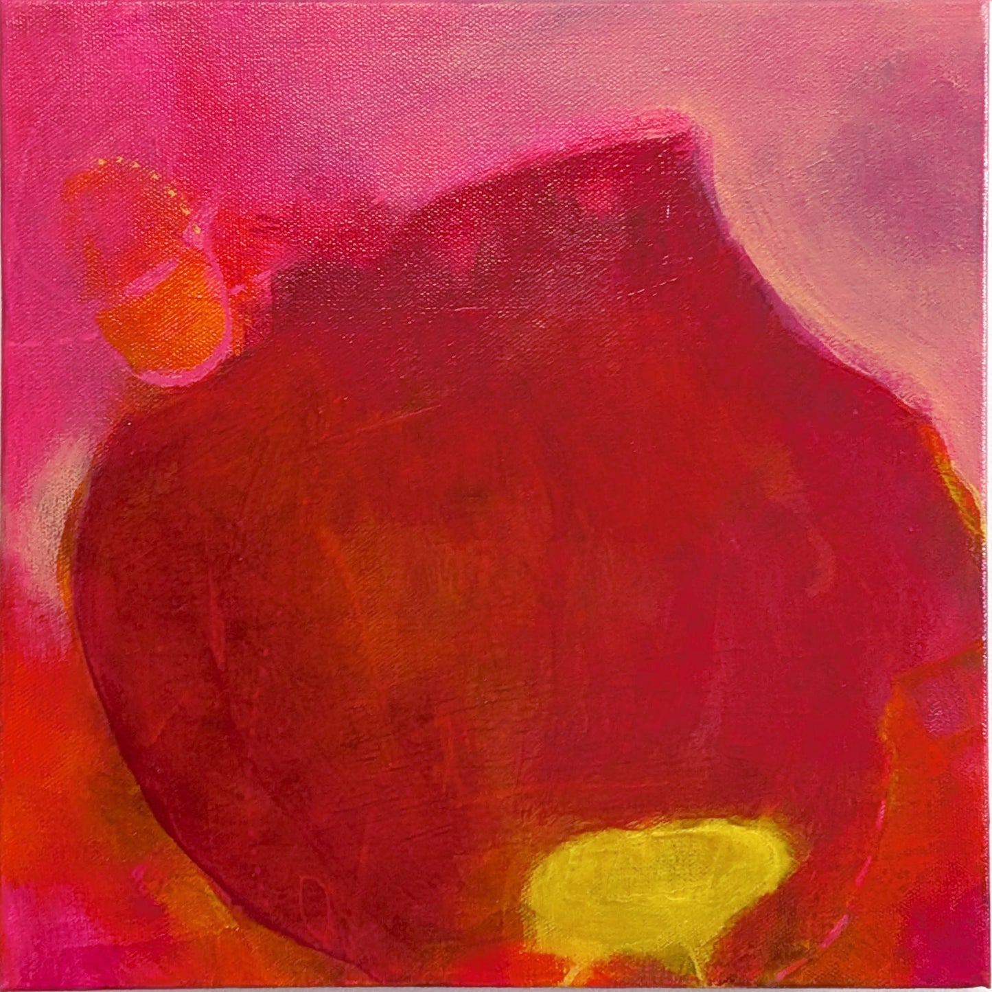tabla beet science by helen carter. Abstract painting featuring a large central dark red and brown organic shape with bright pink, orange, and yellow areas around it.