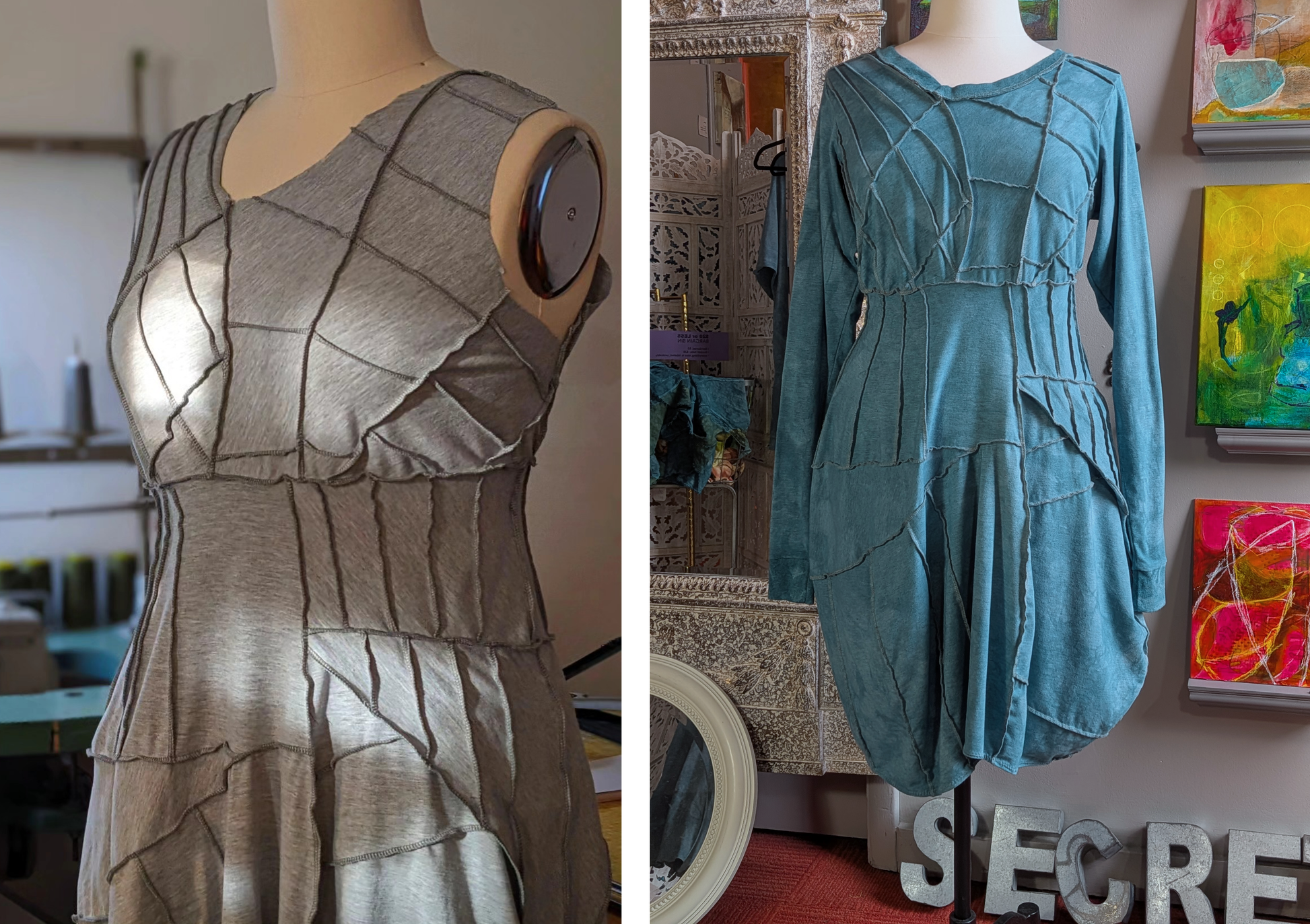 Two dresses on mannequins, one gray and one teal, with a blurred indoor background.