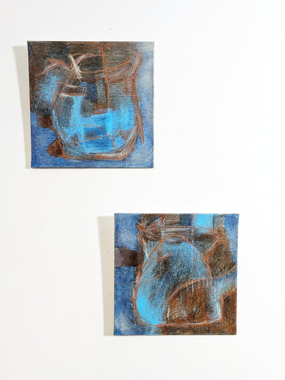 helen carter - 
Two small abstract paintings hanging on a white wall, each depicting a blue and brown pitcher or vase-like form with textured brushwork.