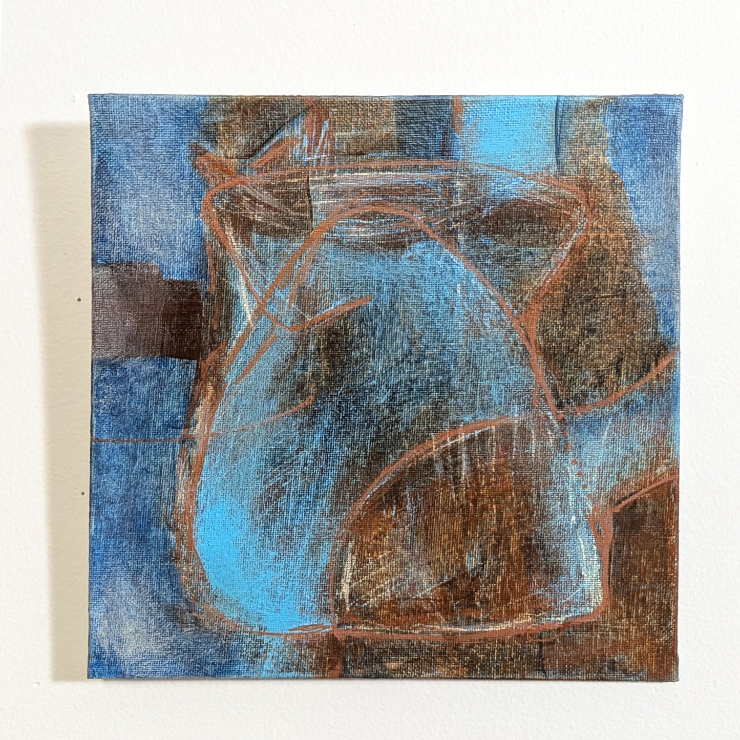 helen carter -  An abstract textured painting on a square canvas, featuring a blue and brown pitcher shape outlined in reddish-brown lines, displayed against a white wall.