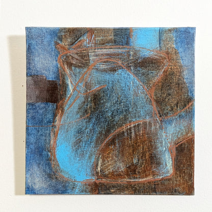 helen carter -  An abstract textured painting on a square canvas, featuring a blue and brown pitcher shape outlined in reddish-brown lines, displayed against a white wall.