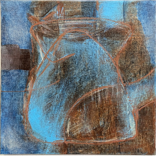 helen carter - An abstract still life painting of a glass pitcher, rendered in textured blue, brown, and terracotta tones with visible canvas texture.