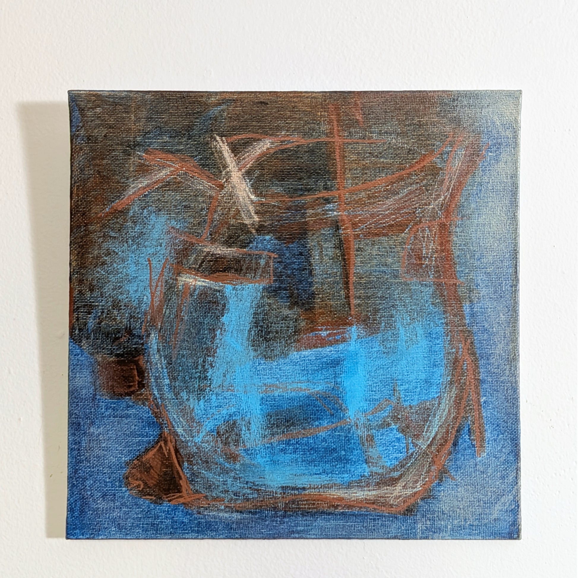 helen carter - An abstract square painting on canvas depicting a blue glass bowl or cup with brown, black, and white sketch-like lines, displayed on a white wall.