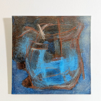 helen carter - An abstract square painting on canvas depicting a blue glass bowl or cup with brown, black, and white sketch-like lines, displayed on a white wall.