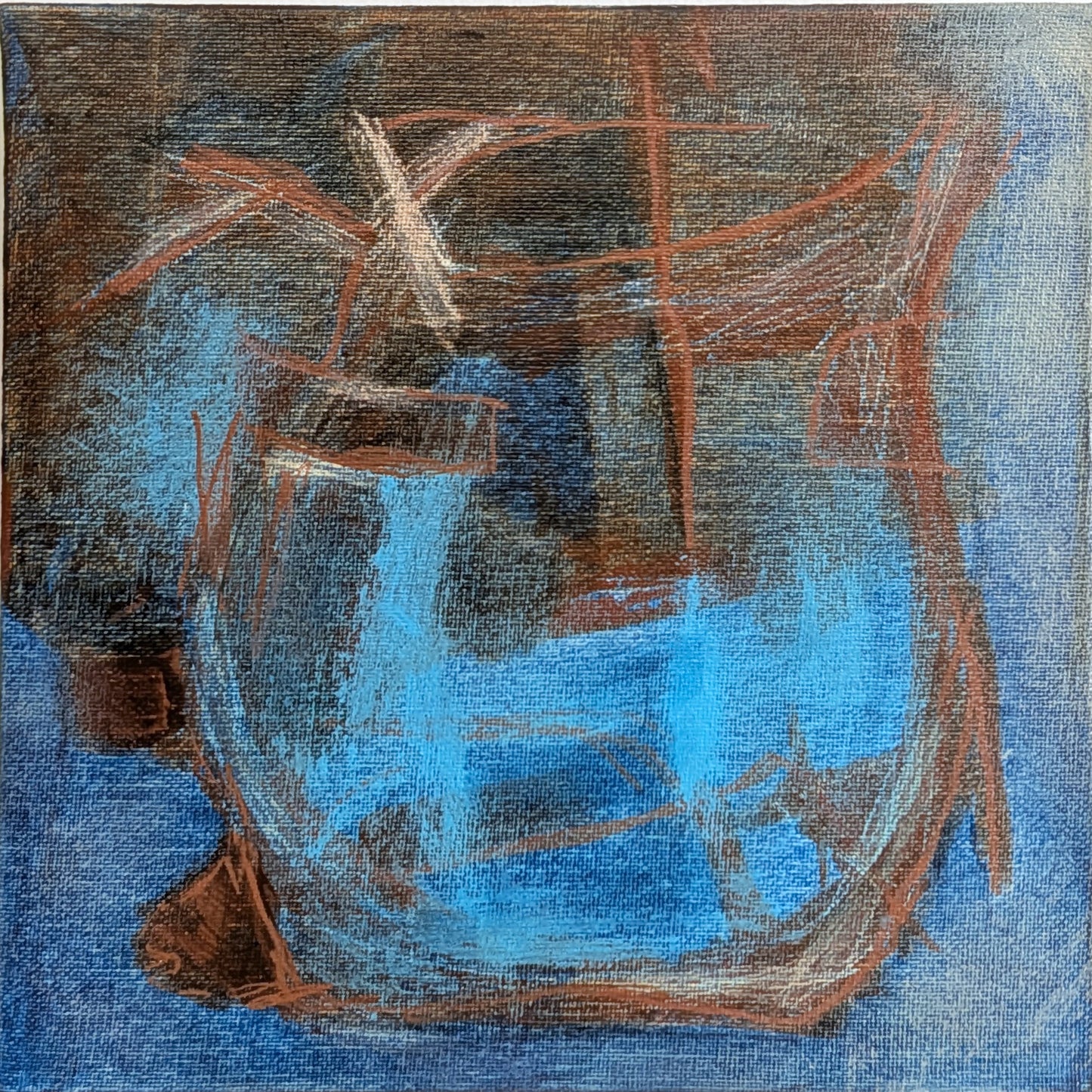 helen carter - An abstract painting of a glass container with blue, brown, and black tones, rendered in a textured, sketch-like style.
