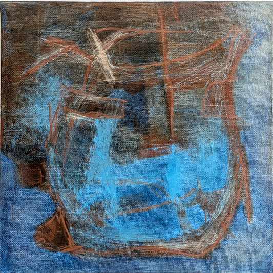 helen carter - An abstract painting of a glass container with blue, brown, and black tones, rendered in a textured, sketch-like style.
