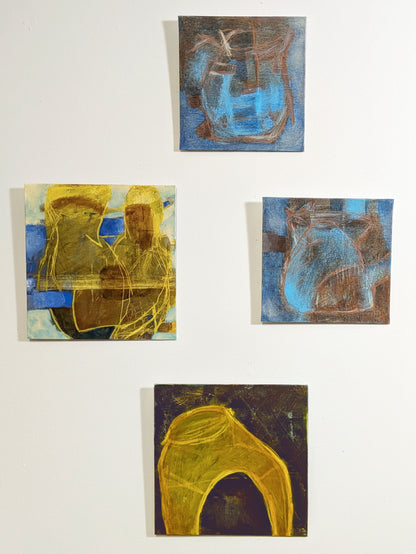 helen carter - Four small abstract paintings arranged on a white wall, featuring blue, yellow, brown, and black tones.