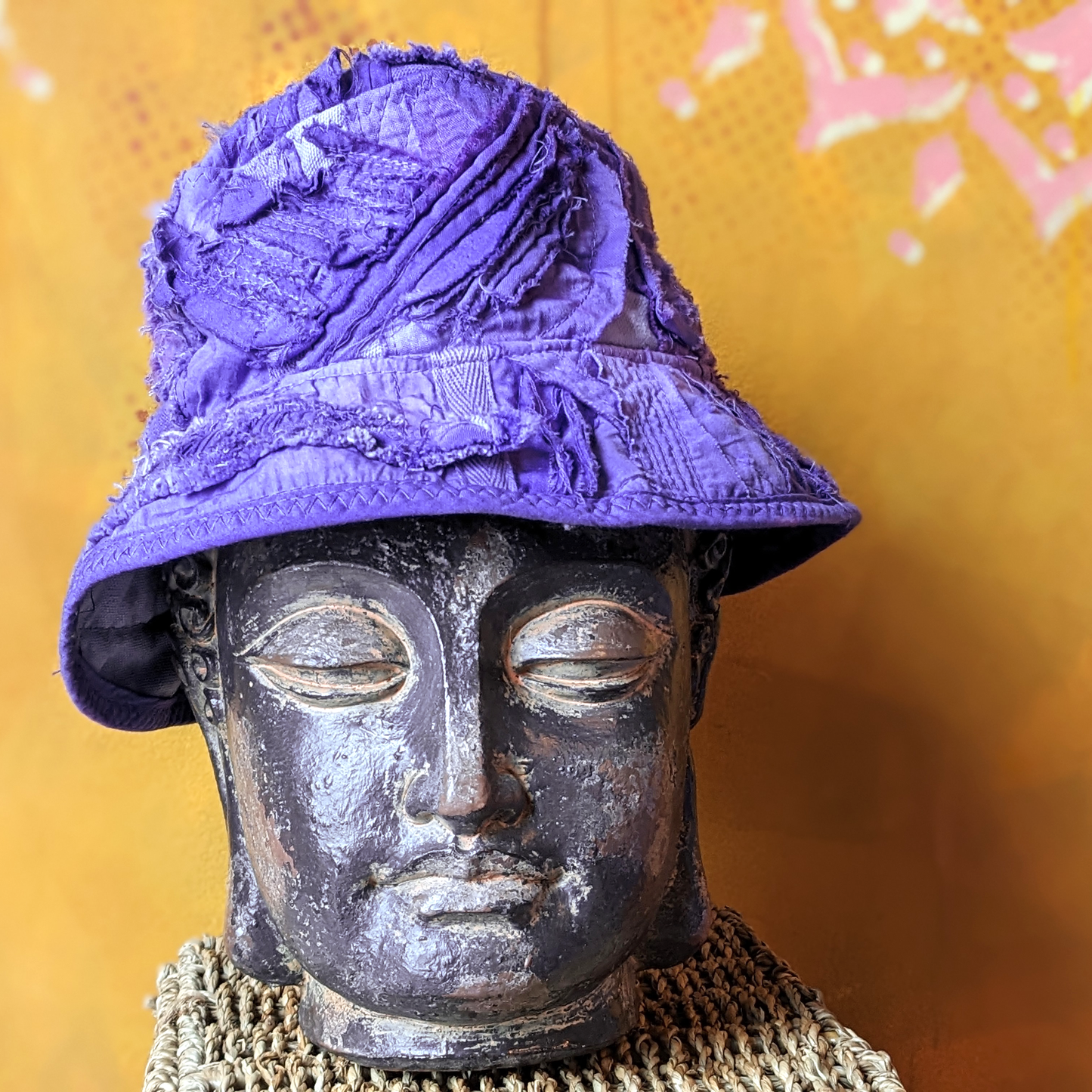 purple artifacted boro bucket hat from secret lentil