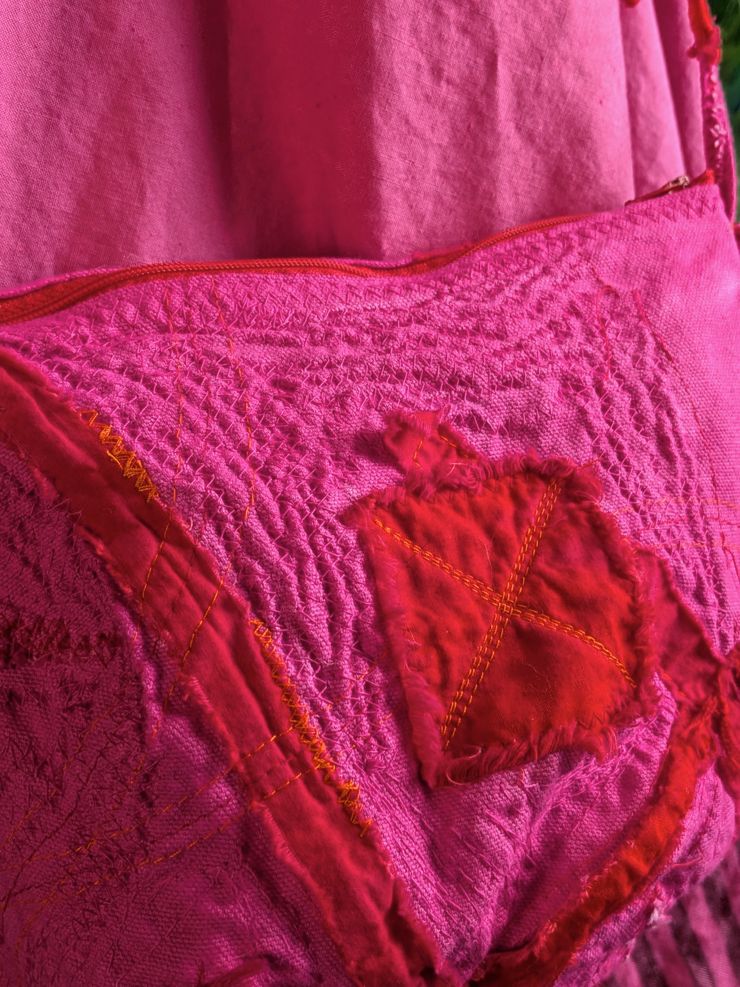 detail, firewitch preparation bag: fuchsia canvas with patches, hand stitching, zipper closure and a crossbody strap. from secret lentil