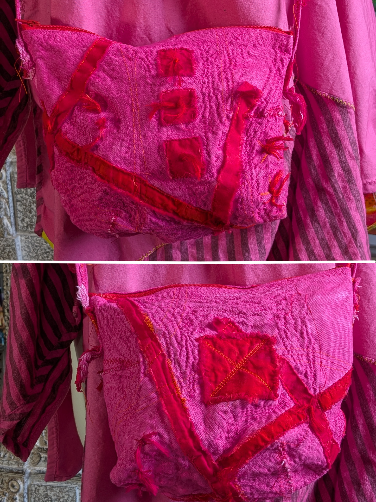 both sides, detail. firewitch preparation bag: fuchsia canvas with patches, hand stitching, zipper closure and a crossbody strap. from secret lentil