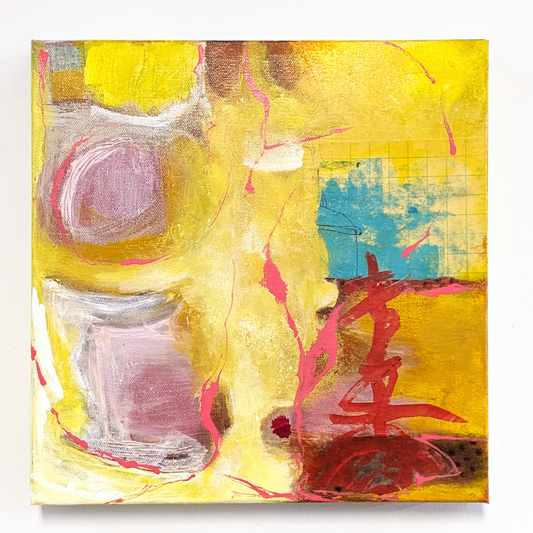 secret lentil Abstract painting with yellow, pink, and blue colors on a white background