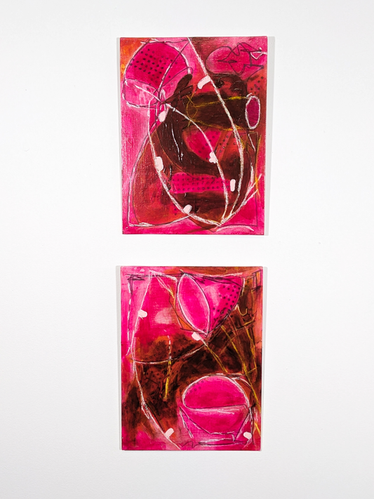 Two abstract artworks with pink and brown colors on a white background by helen carter / secret lentil