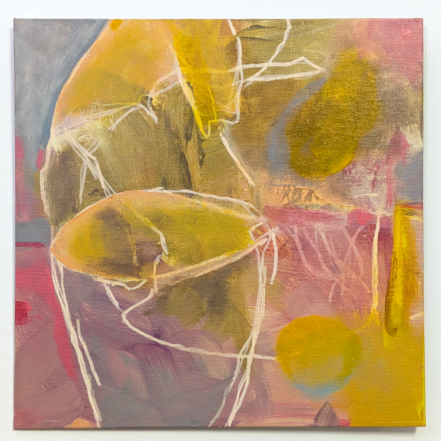 minotaur soft serve, helen carter original. An abstract painting on canvas featuring expressive brushstrokes in yellow, pink, purple, and gray, with white gestural lines forming an organic, gestural composition.