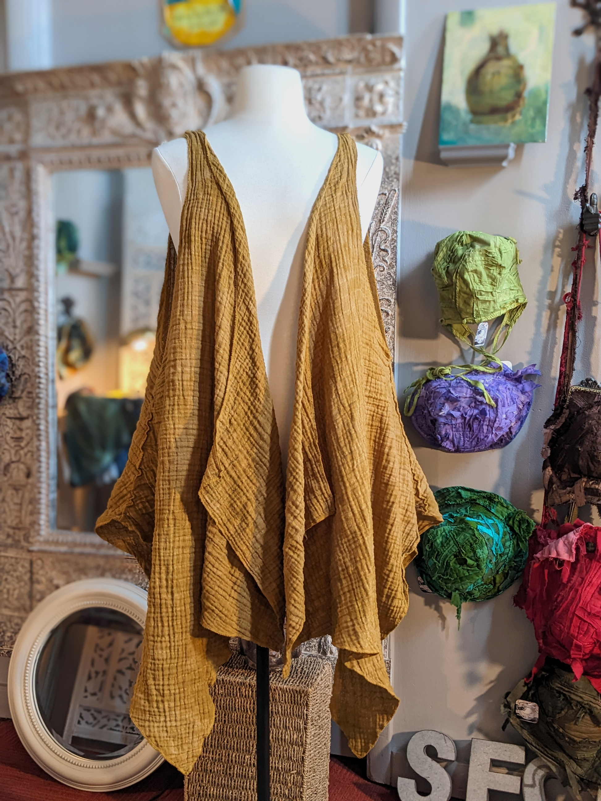 Ochre double gauze plus size pointy hemmed vest hand dyed