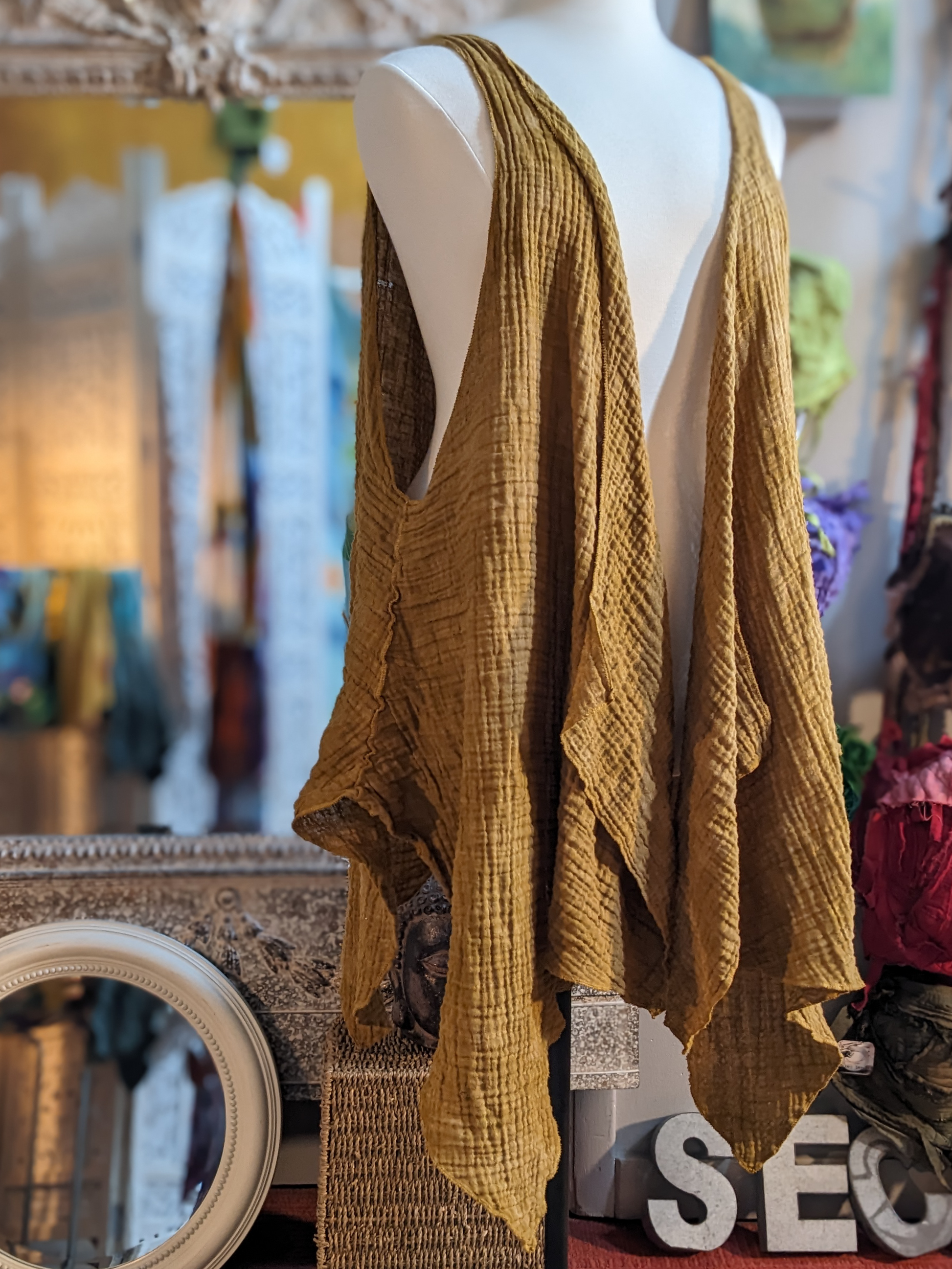 Ochre double gauze plus size pointy hemmed vest hand dyed