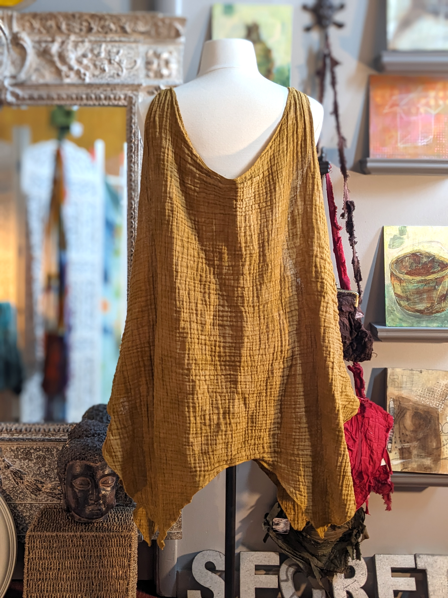 Ochre double gauze plus size pointy hemmed vest hand dyed