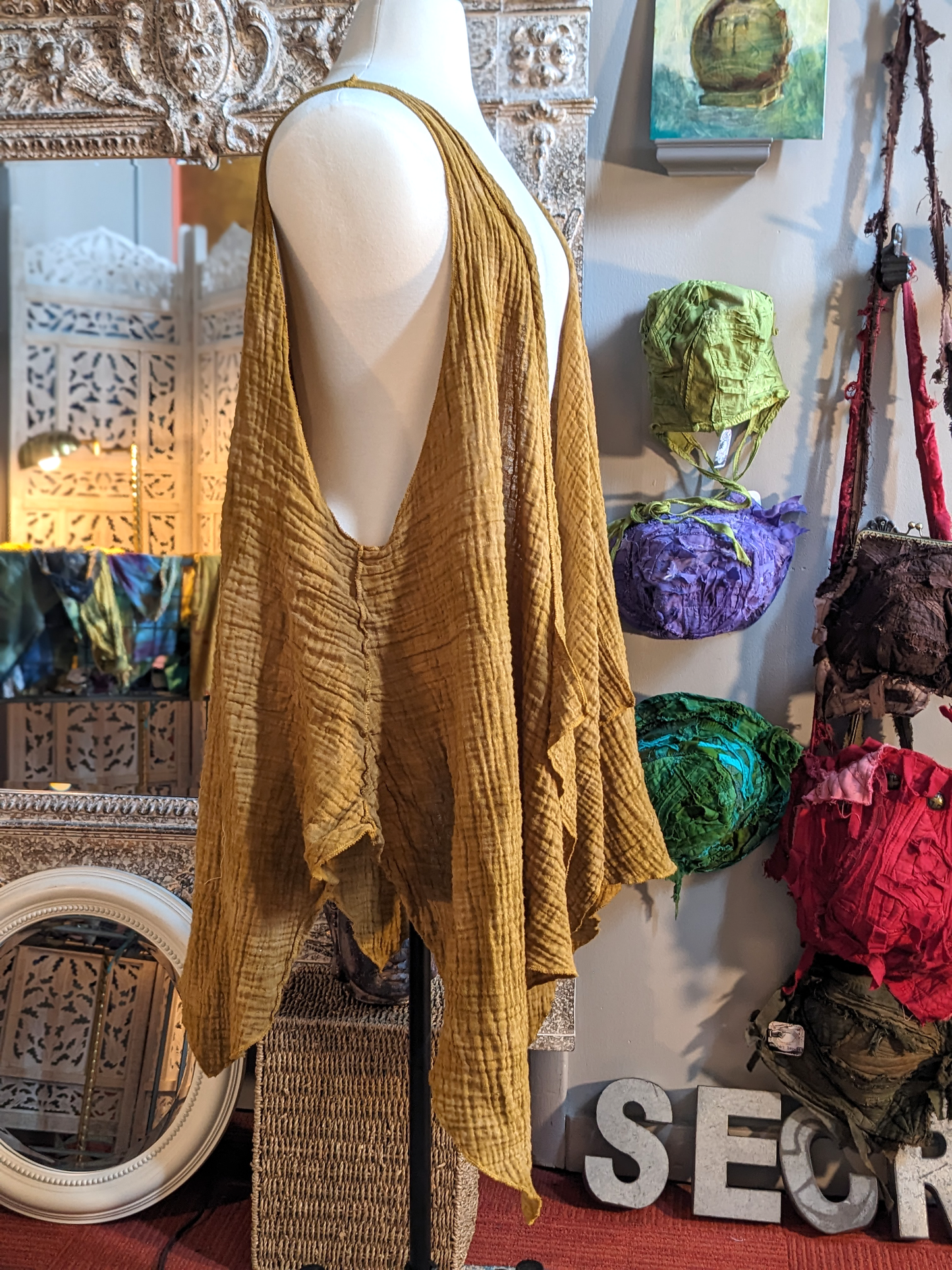 Ochre double gauze plus size pointy hemmed vest hand dyed