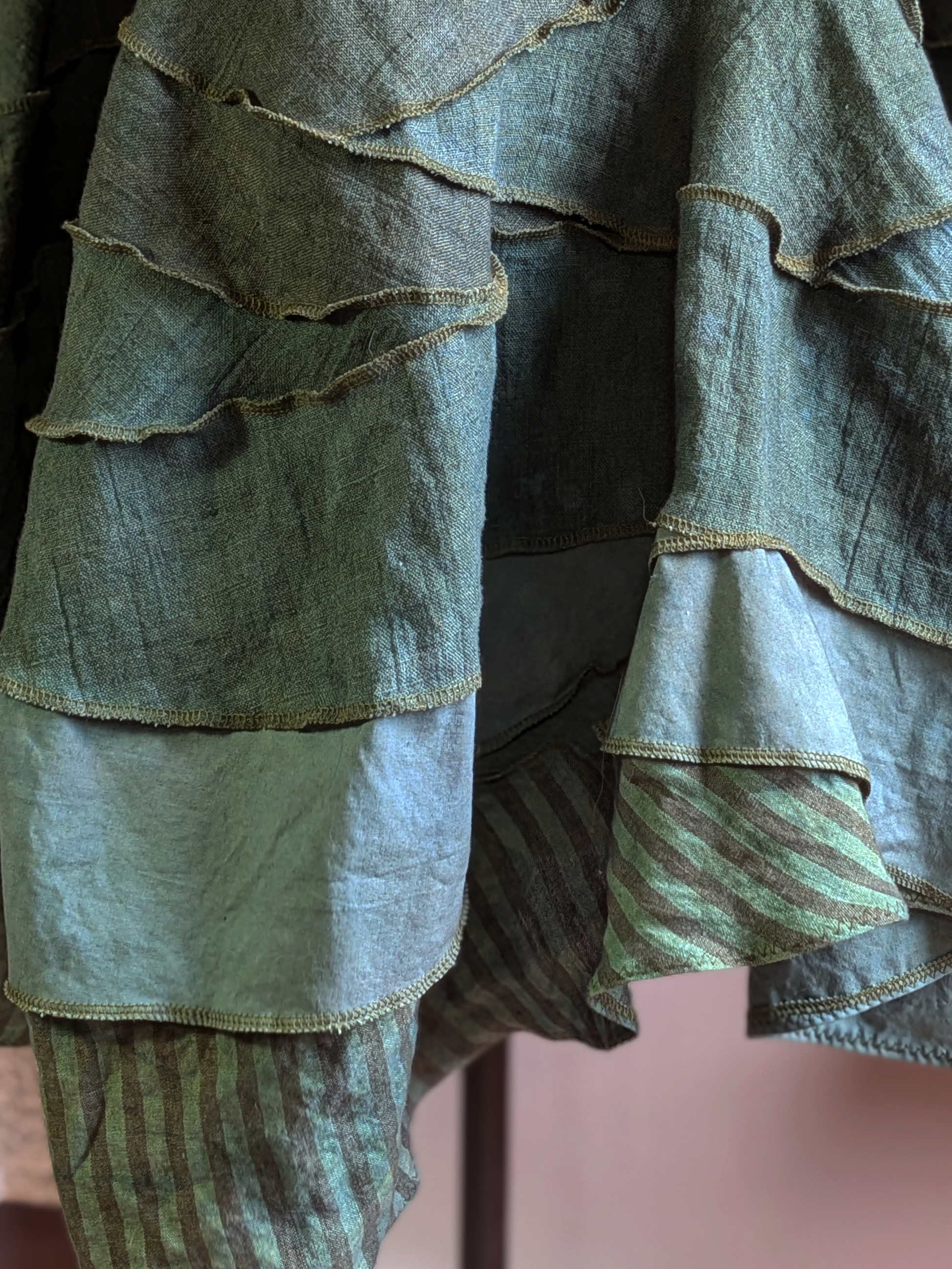 layers of heavy linen, cotton, medium striped linen, hand dyed in cedar pine green - secret lentil