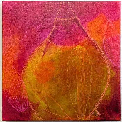 undulations by helen carter An abstract canvas painting featuring organic, teardrop-like forms in vibrant shades of magenta, pink, orange, and yellow, detailed with fine light pink linework.