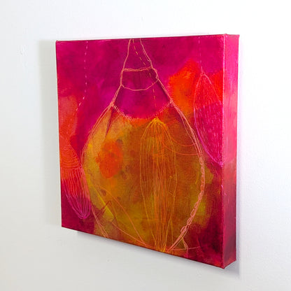 undulations by helen carter An abstract canvas painting featuring organic, teardrop-like forms in vibrant shades of magenta, pink, orange, and yellow, detailed with fine light pink linework.
