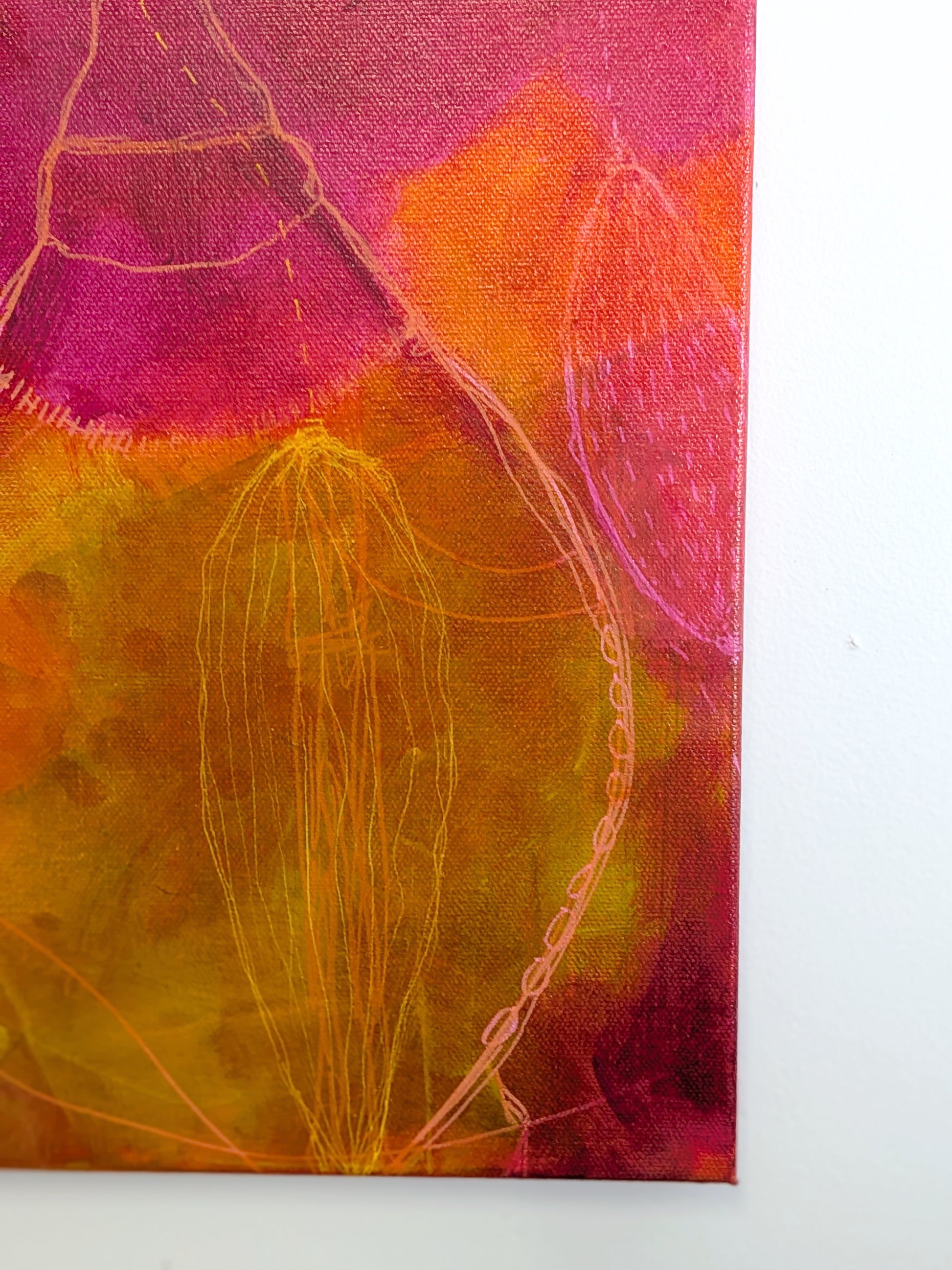detail, undulations by helen carter An abstract canvas painting featuring organic, teardrop-like forms in vibrant shades of magenta, pink, orange, and yellow, detailed with fine light pink linework.