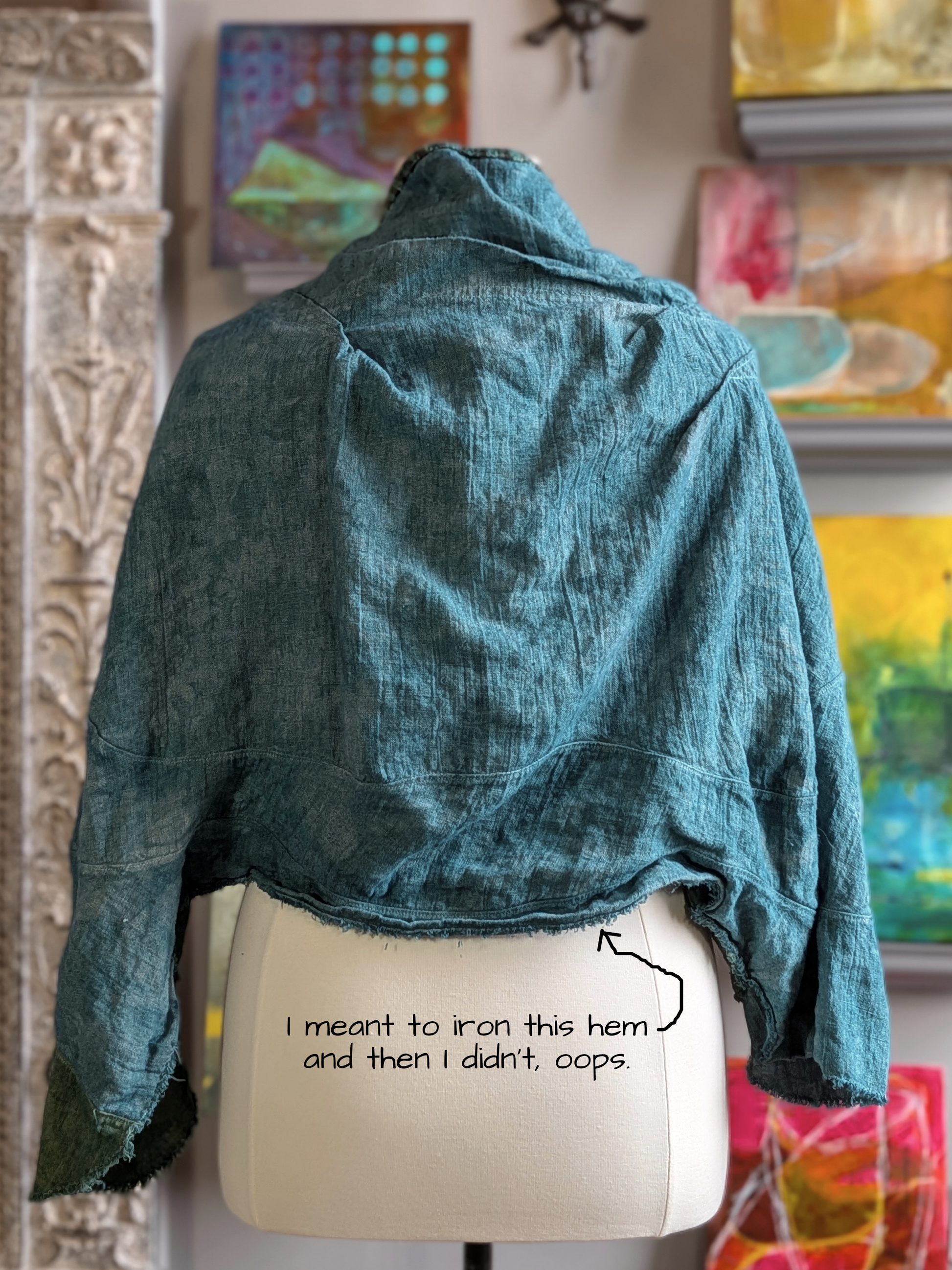 back, linen draped extantish jacket, secret lentil