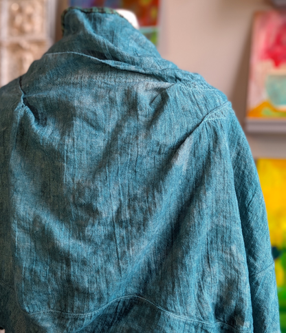 Back, draped linen extantish jacket, teal, secret lentil
