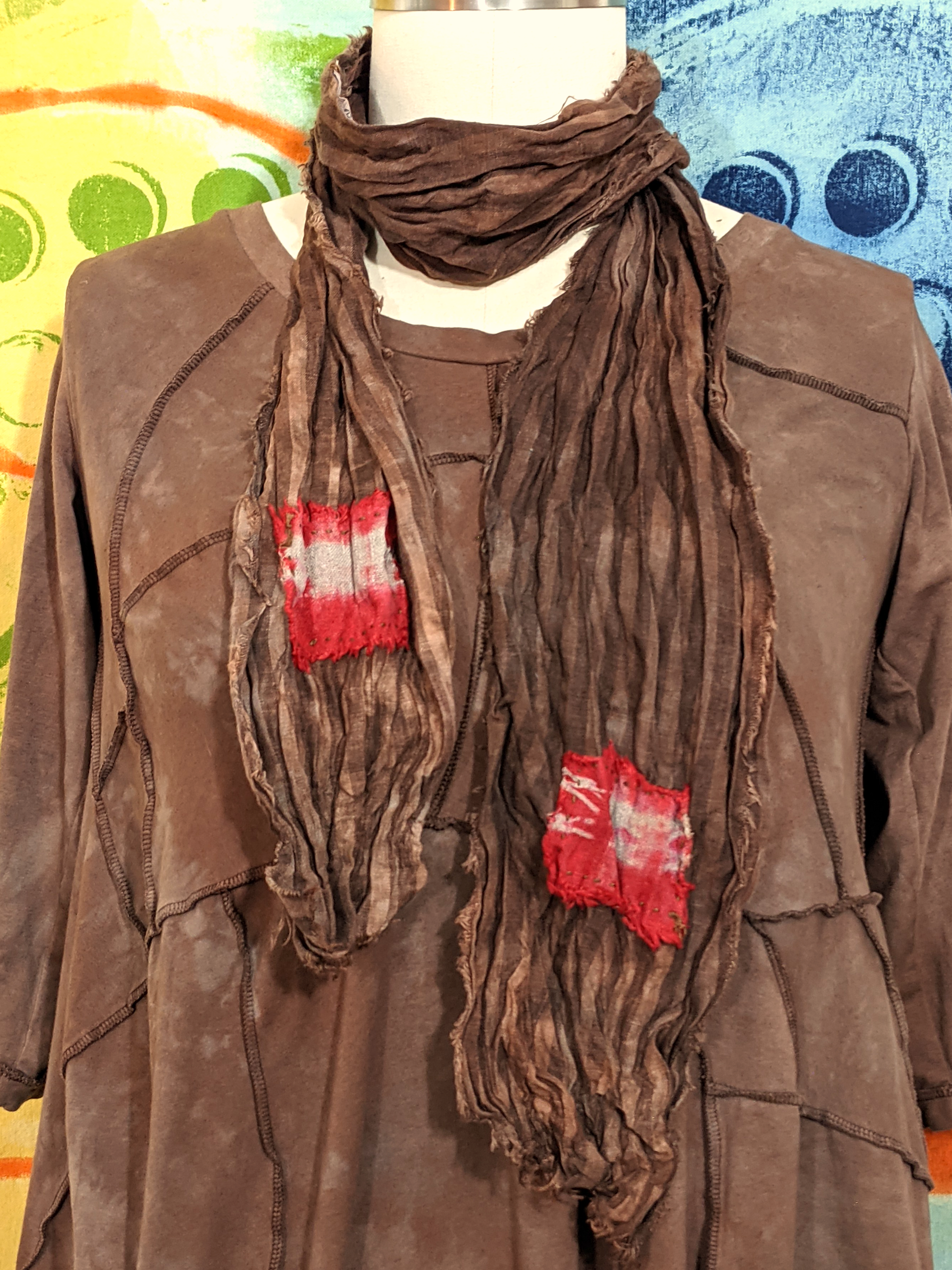 earthenware: hand-dyed striped linen scarf with hand-stitched patches secret lentil