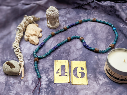 soothsayer beads necklace in purple, teal and cocoa brown