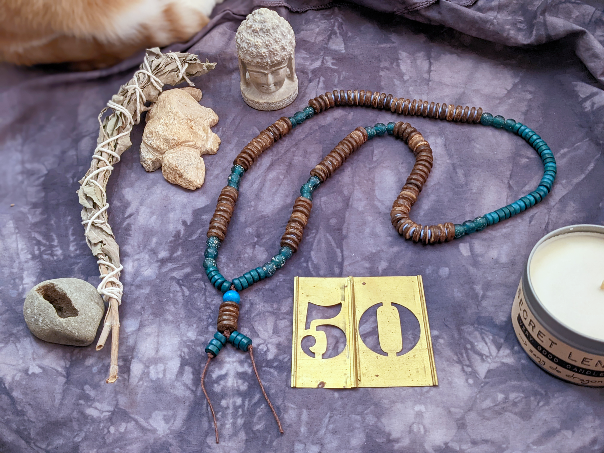secret lentil soothsayer beads necklace in cocoa brown, teal, and lavender
