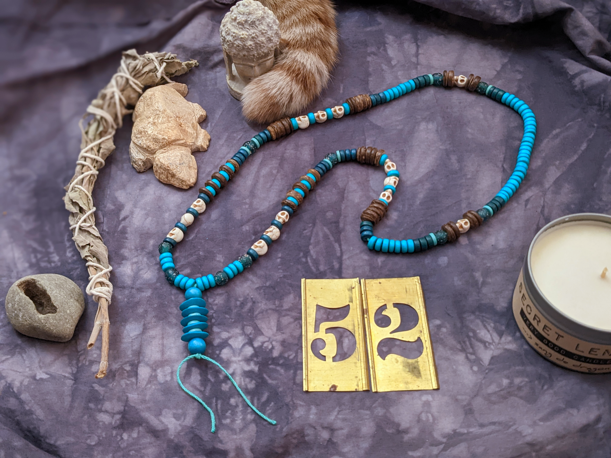 secret lentil soothsayer beads necklace in aqua, teal, cocoa brown and SKULLS