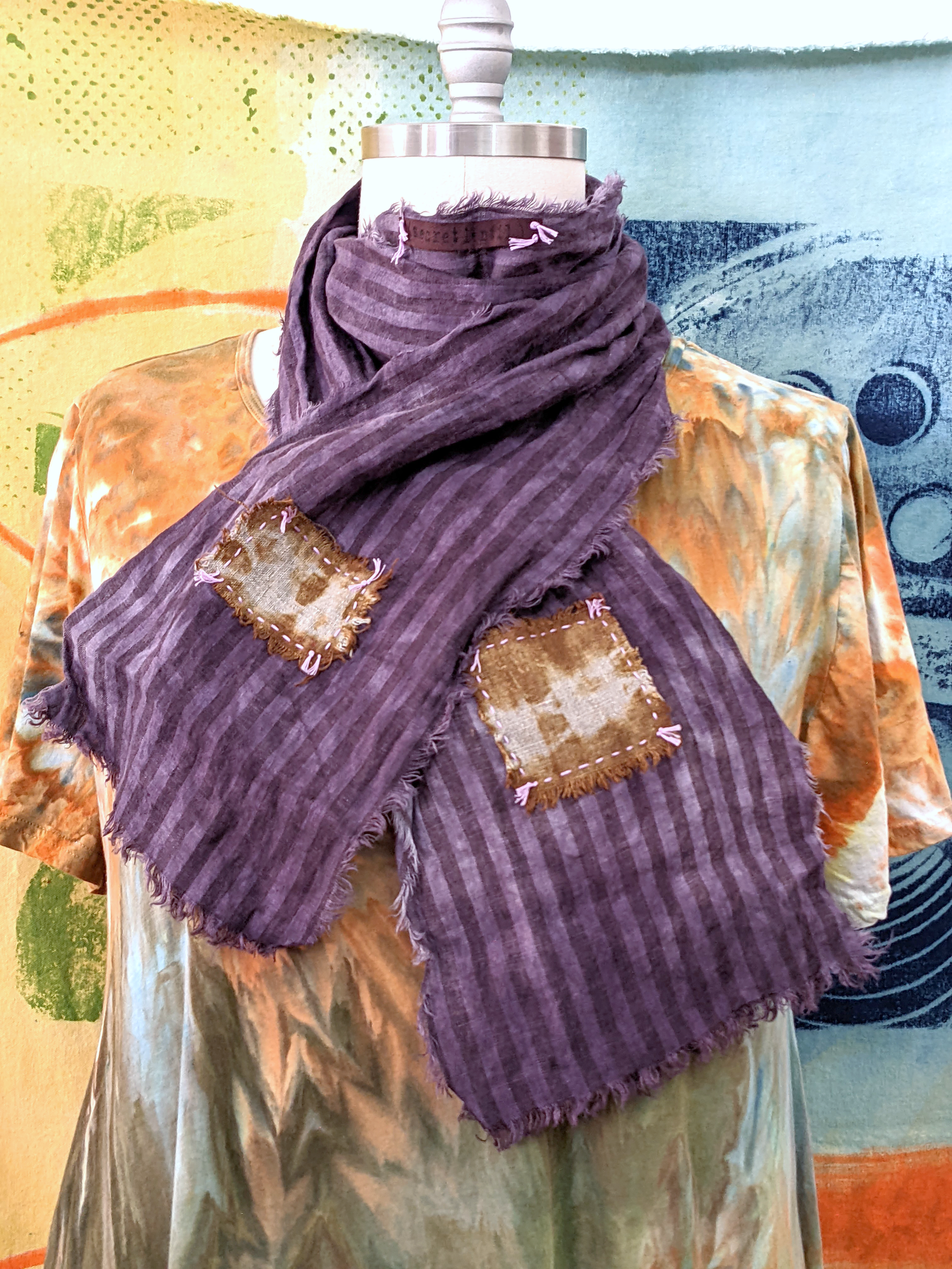 purple + brown hand-dyed striped linen scarf with hand-stitched patches