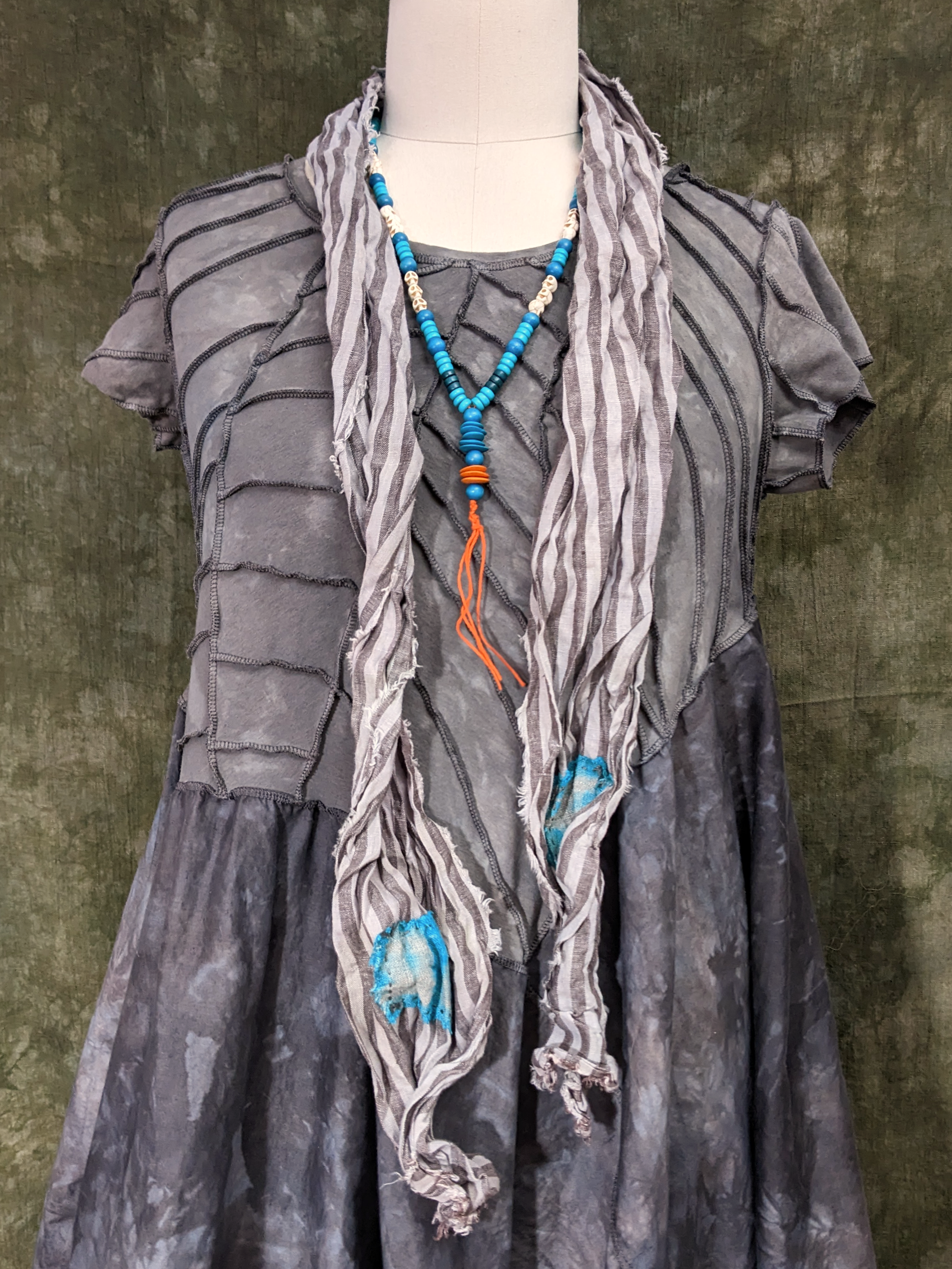 silver-gray and turquoise hand-dyed striped linen scarf with hand-stitched patches